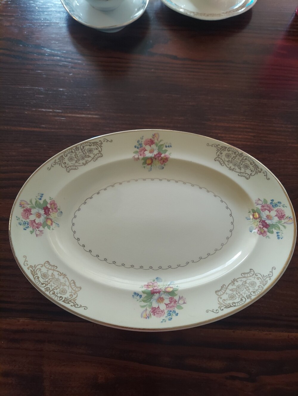Cream Porcelain Floral Serving Platter with Gold Trim